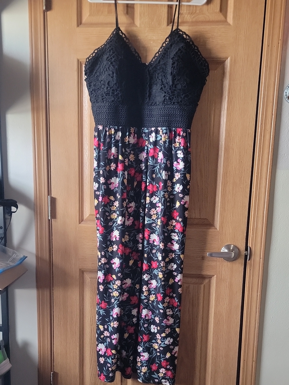 No Boundaries Black Strapless Crochet Bodice Floral Maxi Dress